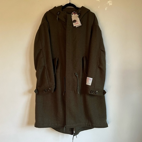 BEAMS Japan X J Crew Harris Tweed Coat Jacket Military Green Men’s Small $1198 - Picture 2 of 14